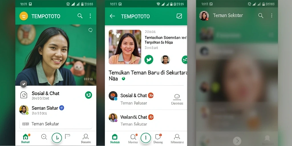 Antarmuka aplikasi TEMPOTOTO yang mudah digunakan untuk menemukan teman baru.